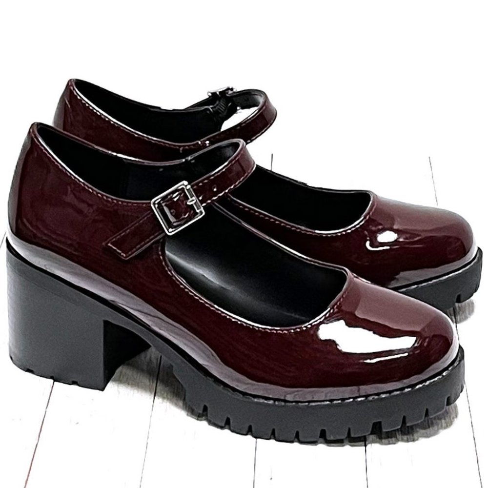 New Women Burgundy Patent Platform Mary Jane Pumps Ballet Flats